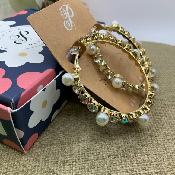 Plunder Design Faux Pearl Rhinestone Gold Tone Hoop Earrings - Picture 3 of 4
